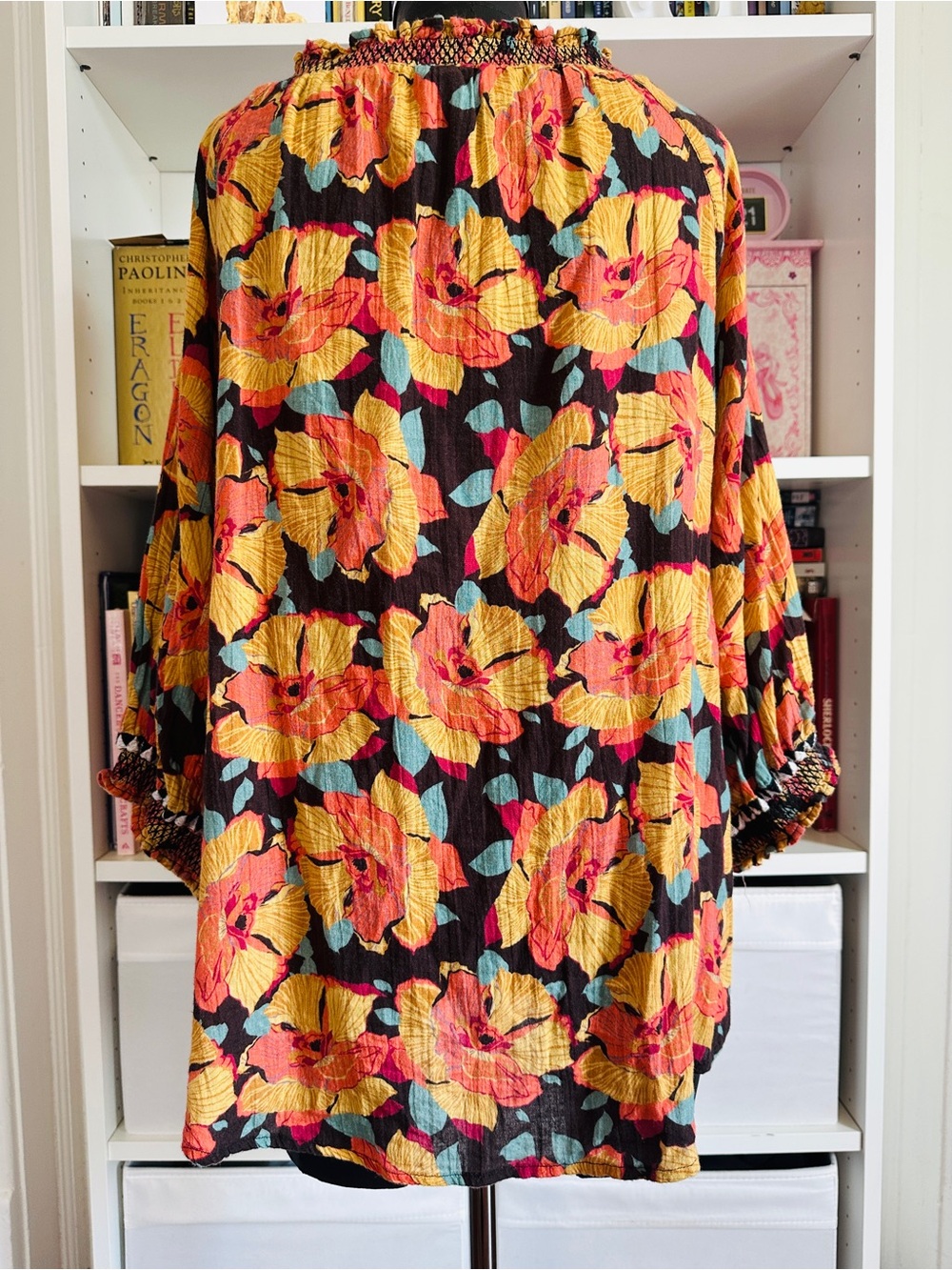 Sundance Floral Smocked Peasant style Tunic in Yellow, Pink & Teal on Black - Picture 6 of 9
